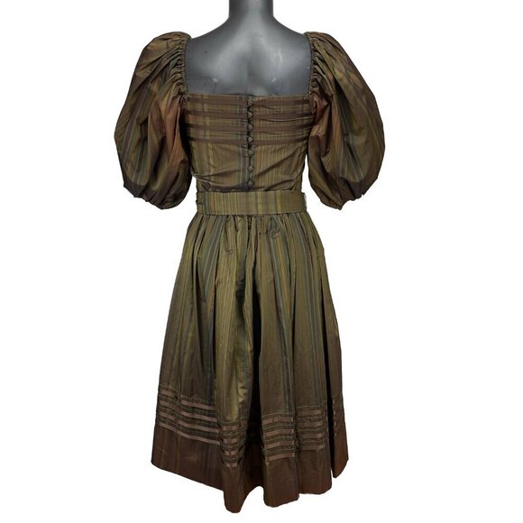 ALBERT NIPON VTG 70's Balloon Sleeves Chocolat Brown Green Taffeta Tent Dress S - Picture 7 of 12